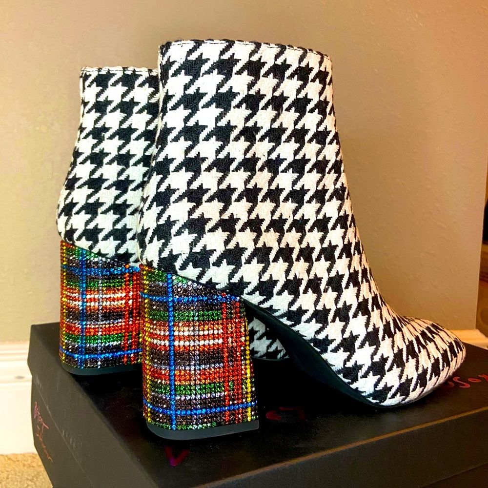 Betsey Johnson Rhinestone Heel Houndstooth Boot